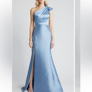 Amsale bow detail one shoulder mikado mermaid gown